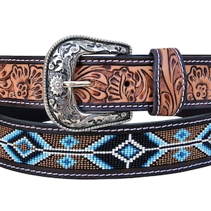 Personalized Handmade Western Rodeo Heavy Duty Beaded Full-Grain Leather Belt Unisex with Removable Buckle  AF30AB006