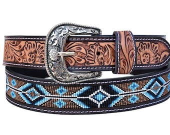 Southwestern Style Blue Beaded Belt Vintage Southwest Blue-Turquoise Seed Bead BELT Native  main image 2