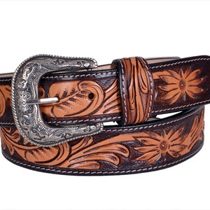 Ceinture western en cuir personnalisée : motif floral façonné à la main, boucle amovible