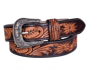 Personalized Genuine Leather Western Hand Tooled and Hand Painted Floral Belt  with Removable Buckle AF30HQ004