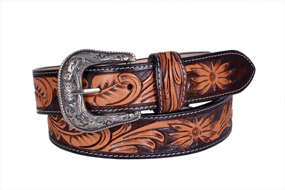 Personalized Leather Western Belt: Hand Tooled Floral Design  display picture 1