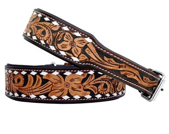 Personalized Western Dog Collar Hand Tooled Hand Crafted Padded Genuine Leather Floral AF10AB112
