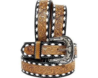 Hand Tooled Leather Western Belt: Floral Design, Removable Buckle Personalized