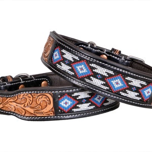 Personalized Western Dog Collar Beaded Hand Tooled Hand Crafted Padded Genuine Leather Floral AF10IS008