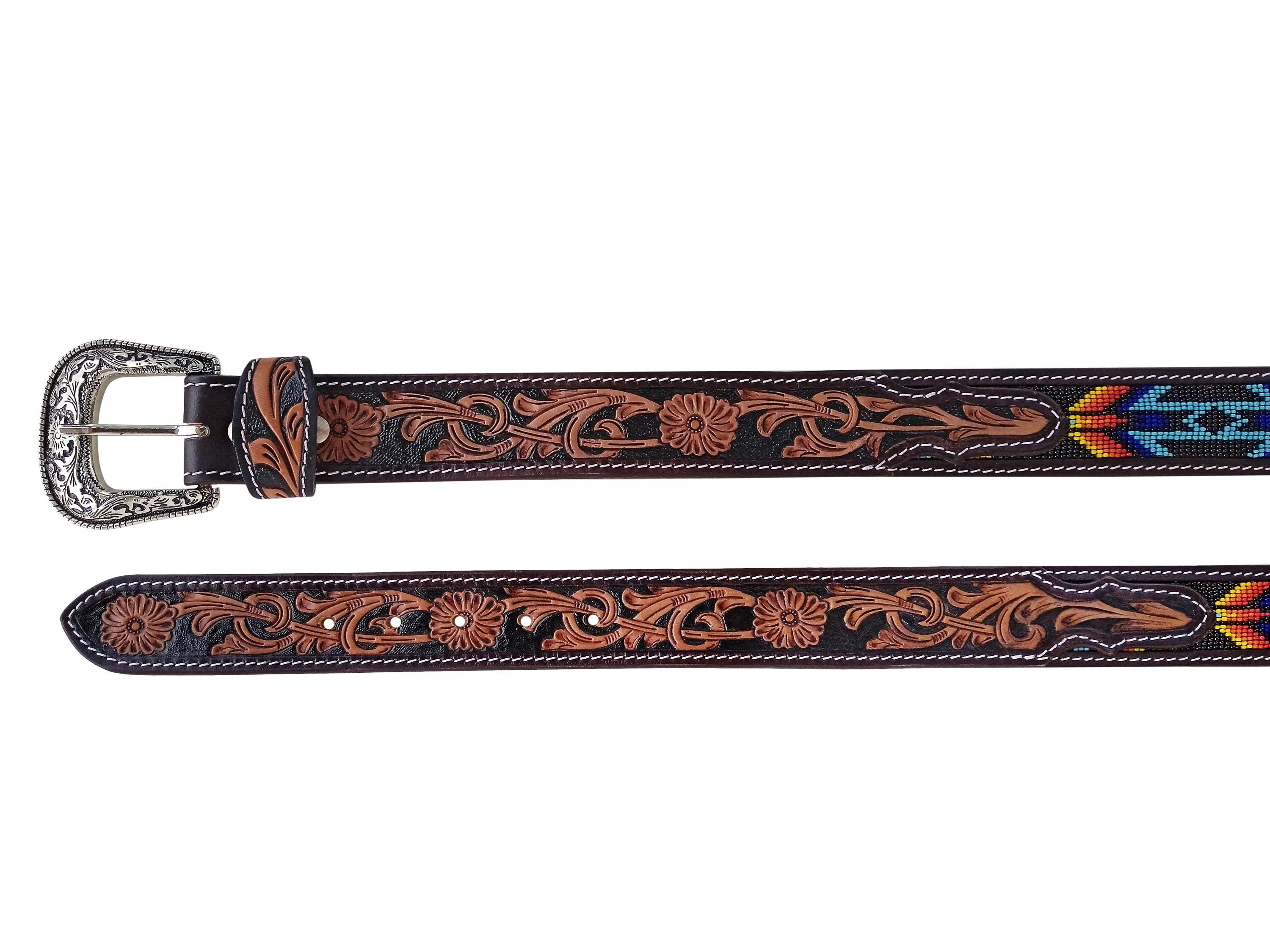 9942 Western Tooled Leather Beaded Belt For Men And Women Western Beaded Full Grain Leather Cowboy Cowgirl Tooled Belt  main image 3
