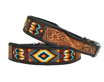 May include: A brown leather dog collar with a beaded design in shades of red, orange, yellow, turquoise, and white. The collar has a tooled leather design with a floral pattern.