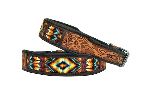 Personalized Western Dog Collar Beaded Hand Tooled Hand Crafted Padded Genuine Leather Floral AF10AB025