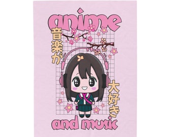 May include: Pink graphic featuring an anime-style character wearing headphones, with the words "anime and music." Cherry blossom branches and Japanese text are also included in the design. The character has brown hair and is wearing a school uniform.