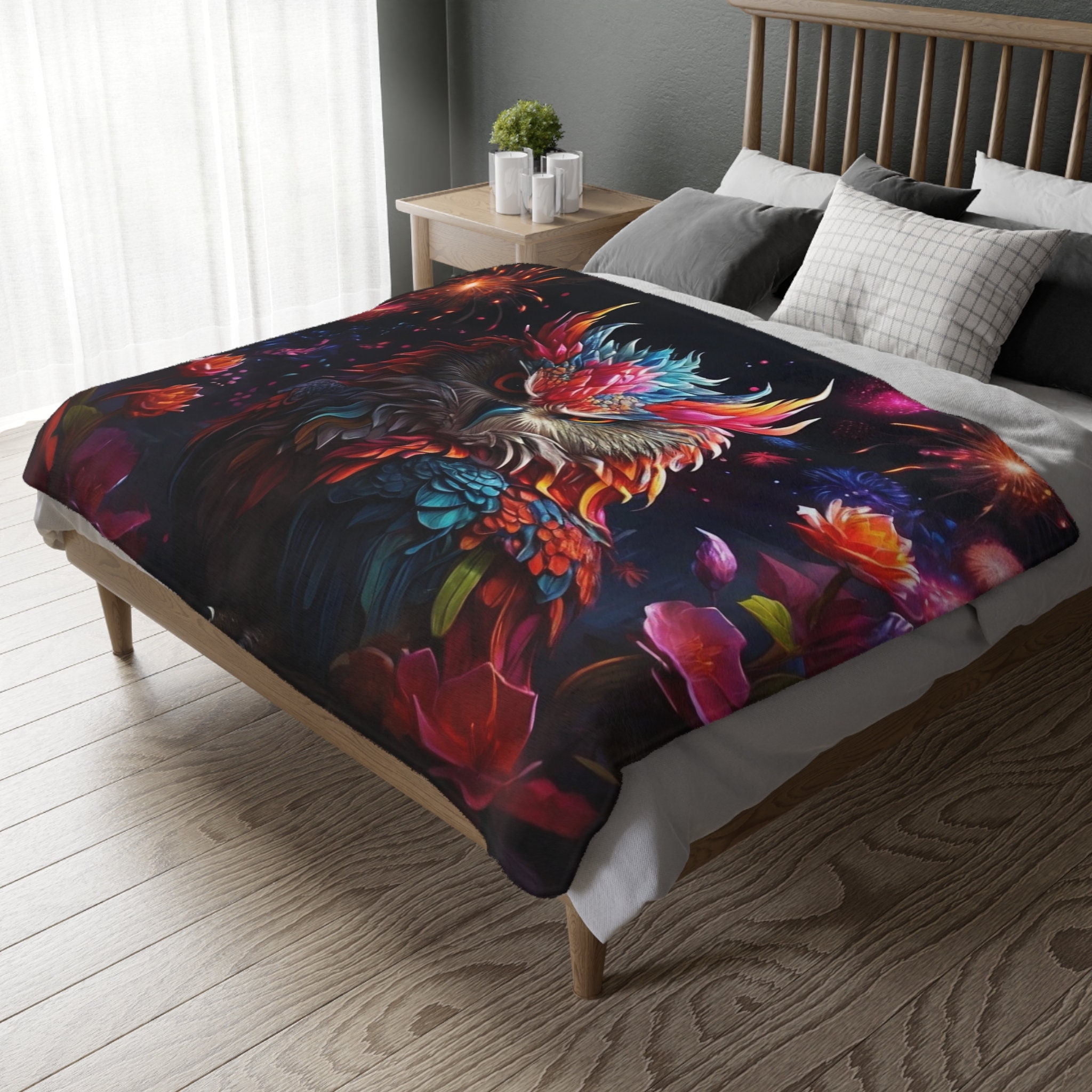 Vibrant Owl with Fireworks and Mushroom Fairy Velveteen Microfiber Blanket (Two-sided print)