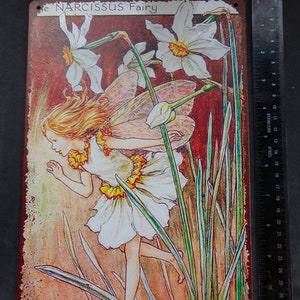 May include: A vintage-style metal sign featuring a fairy with wings, a white dress, and yellow flowers. The sign has a red background and the text "The Narcissus Fairy" at the top.