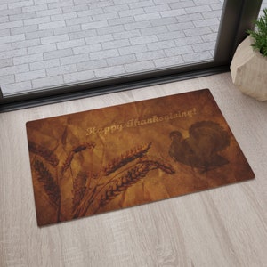 Brown Happy Thanksgiving Wheat and Turkey Floor Mat