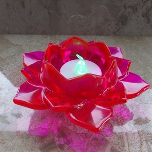 Magenta Lotus Flower Acrylic Resin LED Tea Light Candle Holder LED Tea Light Candle Included
