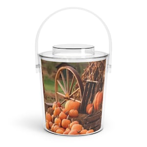 Pumpkins Wagon Hayride Fall Thanksgiving Ice Bucket with Tongs
