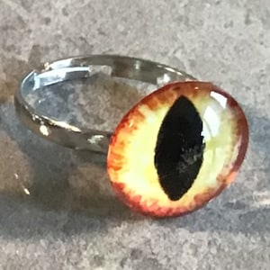 May include: A silver ring with a yellow and red eye design. The eye has a black pupil and a yellow iris.