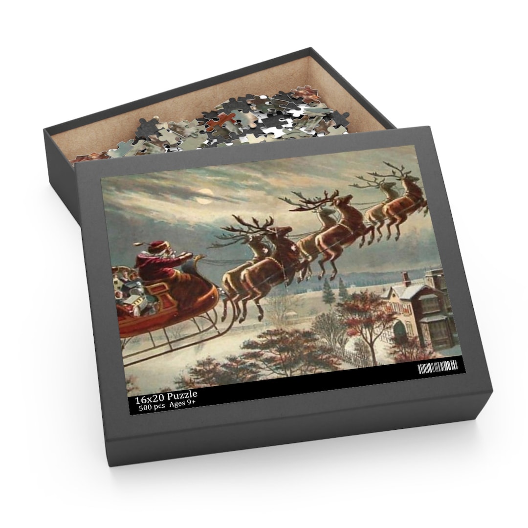 Vintage Santa With Flying Reindeer in Sleigh Over Town Christmas