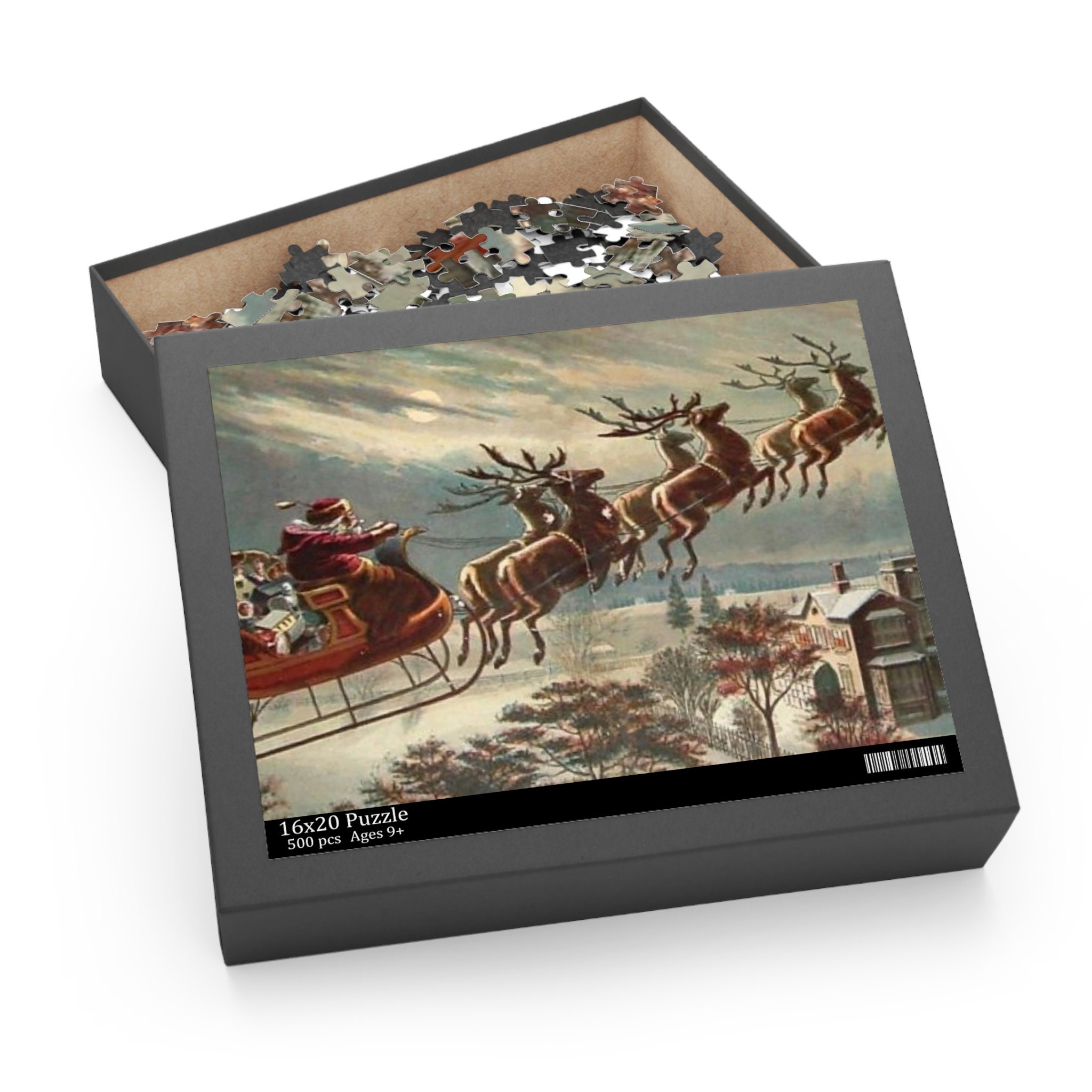 Vintage Santa With Flying Reindeer in Sleigh Over Town Christmas
