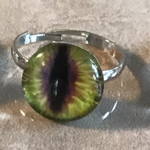 May include: A silver ring with a green and purple eye-shaped glass stone.