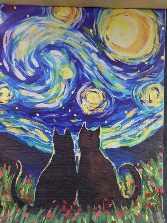 Starry Night Two Black Cats Canvas With a Handmade Mystery Item