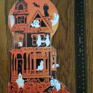 Vintage Halloween Orange Haunted House with Ghosts Laminated Cut Out Decoration