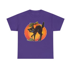 Vintage Black Cat with Pumpkin Halloween Unisex Heavy Cotton Tee