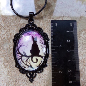 Black Cat with Purple Background Halloween Necklace Crystal Witch Magick Shoppe