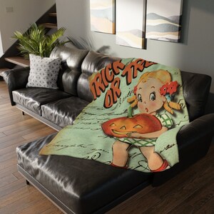 Vintage Halloween Witches and Trick or Trick-or-treat Girl Velveteen Minky Blanket (Two-sided print)