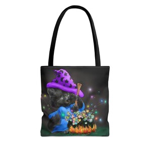 Bolsa de asas de Halloween con caldero mágico de bruja/mago de gato negro (AOP)
