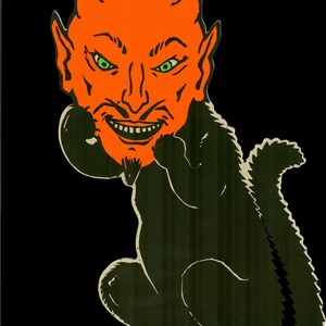 May include: A graphic illustration on a black background featuring a black cat with a textured coat sitting upright. The cat has a large, orange, horned devil face with green eyes, a pointed goatee, and a wide, toothy grin, replacing its own head.