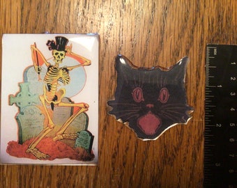 Vintage Halloween Skeleton in Cemetery and Black Cat Refrigerator Magnets