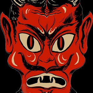 May include: A vintage-style red devil mask with black details and horns. The mask features large, oval eyes, a mustache, and a goatee. The background is solid black, highlighting the mask's bold design.
