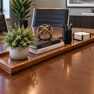 May include: A long, rectangular wooden tray holds a small potted green plant in a gray ceramic pot, two stacked books titled Leadership and Strategy, a bronze-colored spherical sculpture, a black pen holder with pens, and a set of white coasters.