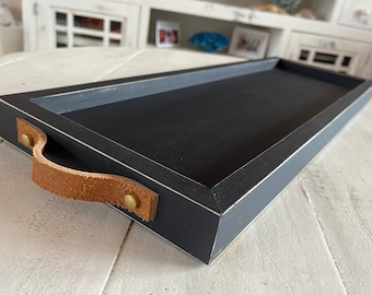 8.75” width x 2 to 6 feet - Urban Modern Long Wood Tray with Leather Handles for Centerpiece, Serving, Ottoman, Mantle, and Candle