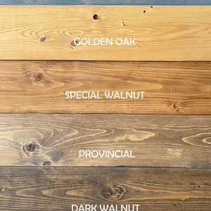Puede incluir: Una carta de colores de tinte para madera que muestra ocho colores diferentes de tinte para madera: Miel, Gris desgastado, Roble dorado, Nogal especial, Provincial, Nogal oscuro, Espresso y Negro cl&aacute;sico.