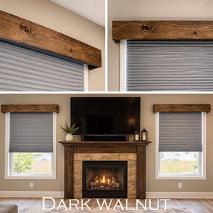 May include: A dark walnut wooden window valance box featuring a natural wood grain finish with visible knots. The rectangular box structure is mounted above a window with grey pleated shades, providing a decorative cover for the window hardware.