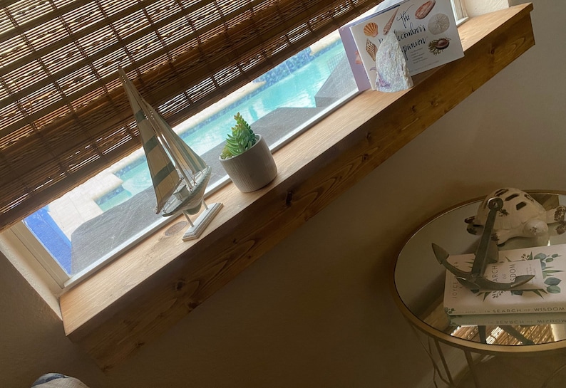 Puede incluir: Un estante de madera con un peque&ntilde;o velero, una suculenta en maceta y un libro titulado "The Incredible Journey of a Conum" en la parte superior. El estante est&aacute; montado en una ventana con vista a una piscina.