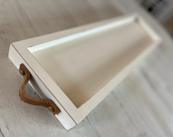 10" width x 2 to 6 feet - Urban Modern Long Wood Tray with Leather Handles for Centerpiece, Serving, Ottoman, Mantle, and Candle