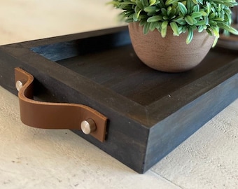 12.75" width x 2 to 6 feet - Urban Modern Long Wood Tray with Leather Handles for Centerpiece, Serving, Ottoman, Mantle, and Candle