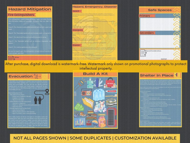 May include: A set of printable emergency preparedness posters with information on fire extinguishers, evacuation, safe spaces, building a kit, and shelter in place. The posters have a black background with yellow, blue, and orange accents.
