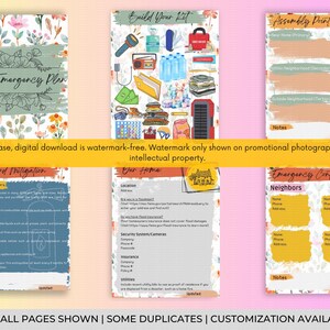 Op de afbeelding: Een printbare checklist voor een gezinsplan voor noodsituaties met secties voor risicobeperking, het samenstellen van een noodpakket, verzamelpunten en noodcontacten. De checklist heeft een bloemmotief met gele, roze en groene bloemen.