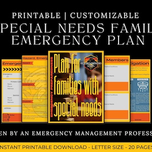 May include: Printable customizable emergency plan for families with special needs. The plan includes sections for members, hazards, emergency contacts, and mitigation. The document is written by an emergency management professional and is available for instant download. The plan is 20 pages long and is letter size.
