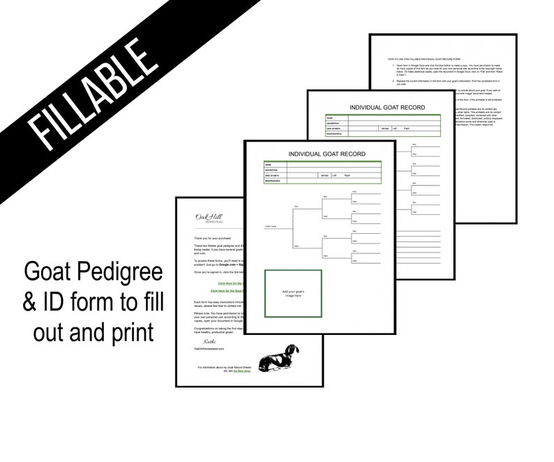 Image of 4 pages: 2 fillable/editable goat pedigree/ID forms plus directions.