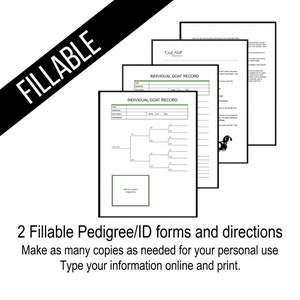 Image of 4 pages: 2 editable goat pedigree and ID forms, plus directions.