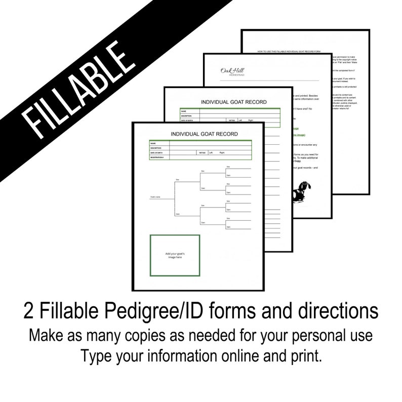 Image of 4 pages: 2 editable goat pedigree and ID forms, plus directions.