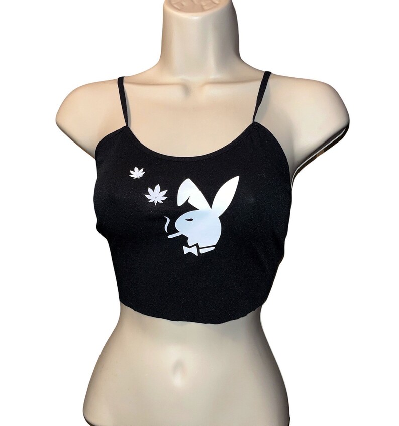 Stoner Chick Strip by Evie Playboy Bunny Smoking Joint Tank top Black White Cami Stripper dance wear Crop Top 