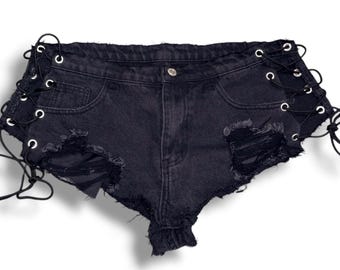 Lace-Up Black Denim Cutoff Shorts: Distressed Frayed Booty Shorts