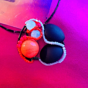 OOAK quirky artsy abstract pendant statement necklace black red blue glass beaded colorful unique gift for her whimsical bold one of a kind
