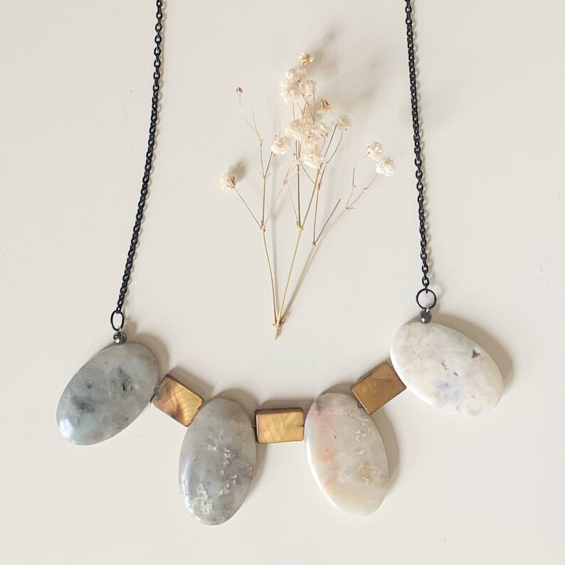 genuine amazonite gray greg earthy beaded statement necklace neutral mother of pearl modern minimalist semiprecious stone gift for her