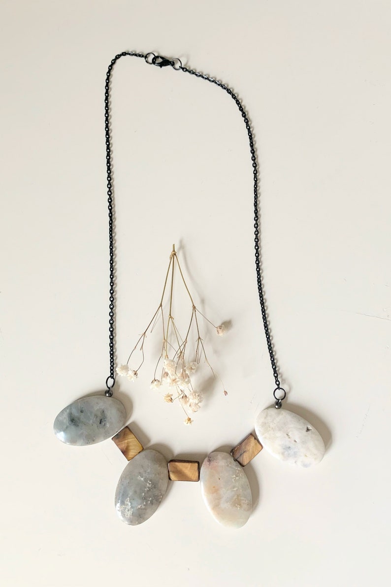 genuine amazonite gray greg earthy beaded statement necklace neutral mother of pearl modern minimalist semiprecious stone gift for her