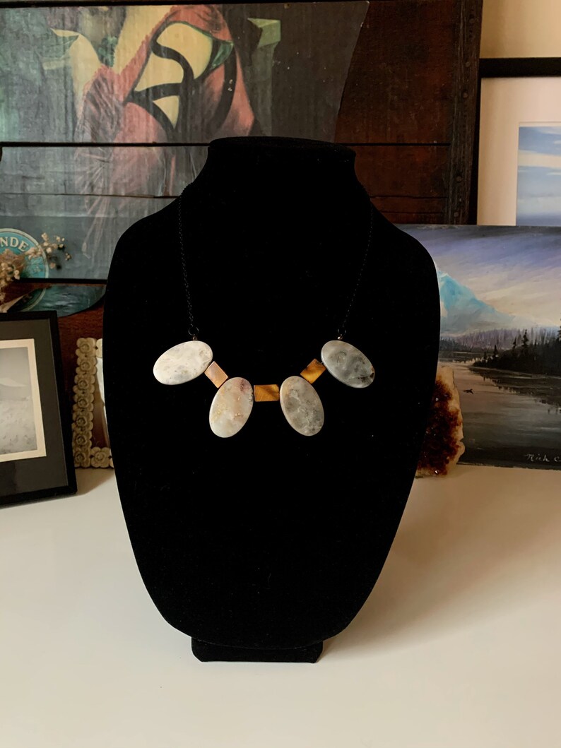 genuine amazonite gray greg earthy beaded statement necklace neutral mother of pearl modern minimalist semiprecious stone gift for her