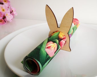 Bunny Napkin Rings - Set de 10 portavilletos de Pascua, soporte de servilleta de conejo, decoración adorable de la mesa de Pascua de madera, Pascua feliz, Pascua de madera